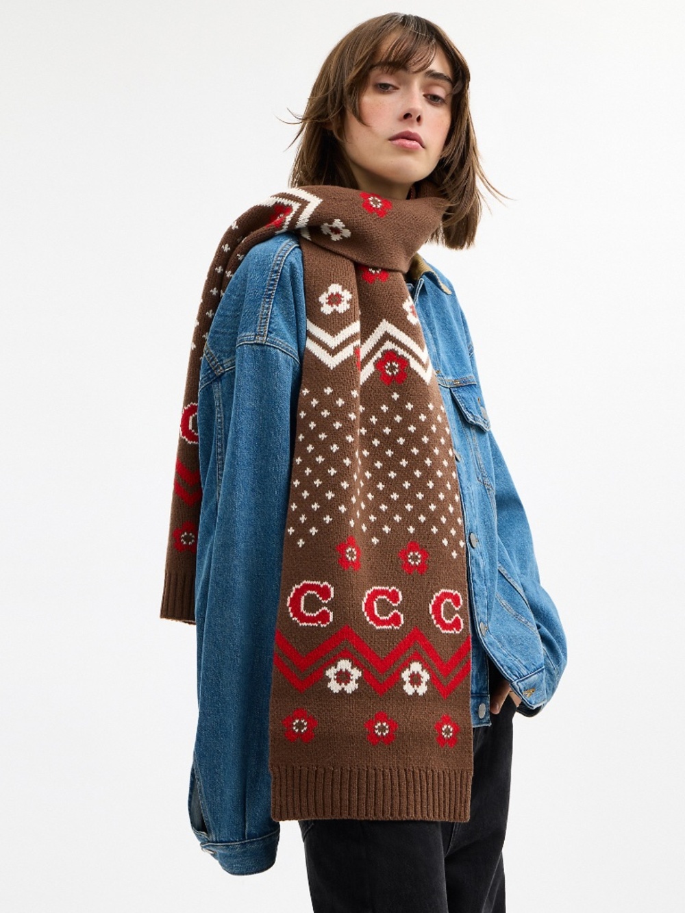 New Coach Fair Isle Print Knit Muffler Sable/red